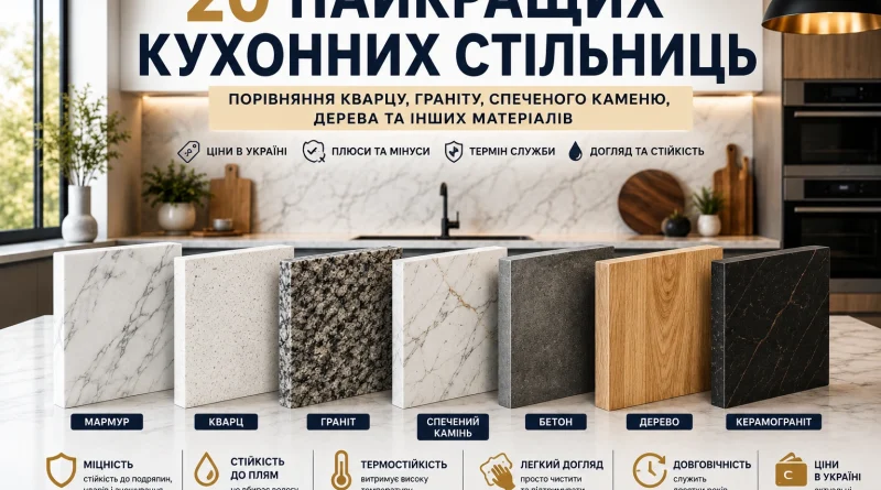 20 найкращих кухонних стільниць 2026 року: порівняння кварцу, граніту, спеченого каменю, дерева та інших матеріалів