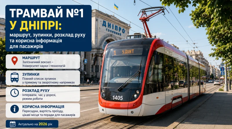Трамвай №1 у Дніпрі: маршрут, зупинки, розклад руху та корисна інформація для пасажирів