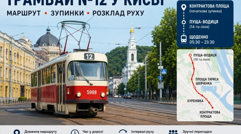 Трамвай №12 у Києві: маршрут, зупинки, розклад руху та корисна інформація для пасажирів