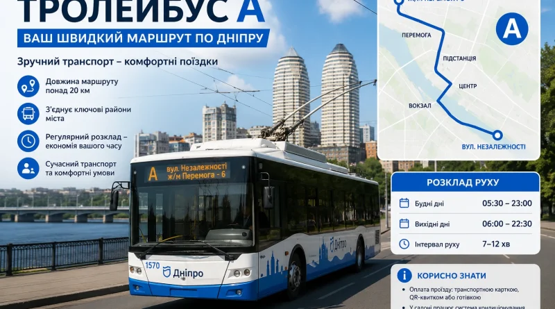 Тролейбус А у Дніпрі: маршрут, зупинки, розклад руху та корисна інформація для пасажирів